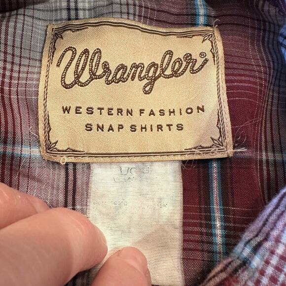 Vintage Wrangler Large Pearl Snap Burgundy Plaid Shirt - Picture 3 of 5